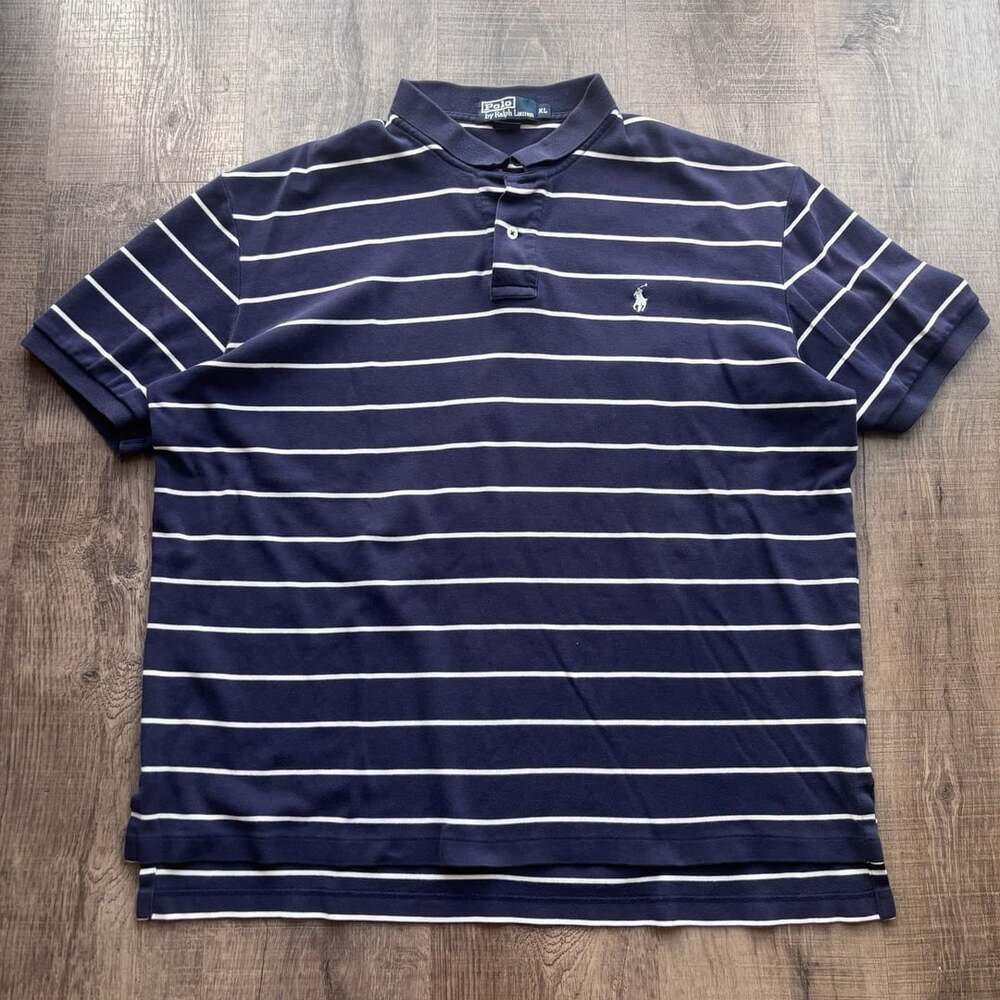 Polo by Ralph Lauren Navy Blue and White Striped Short Sleeve Polo Shirt XL
